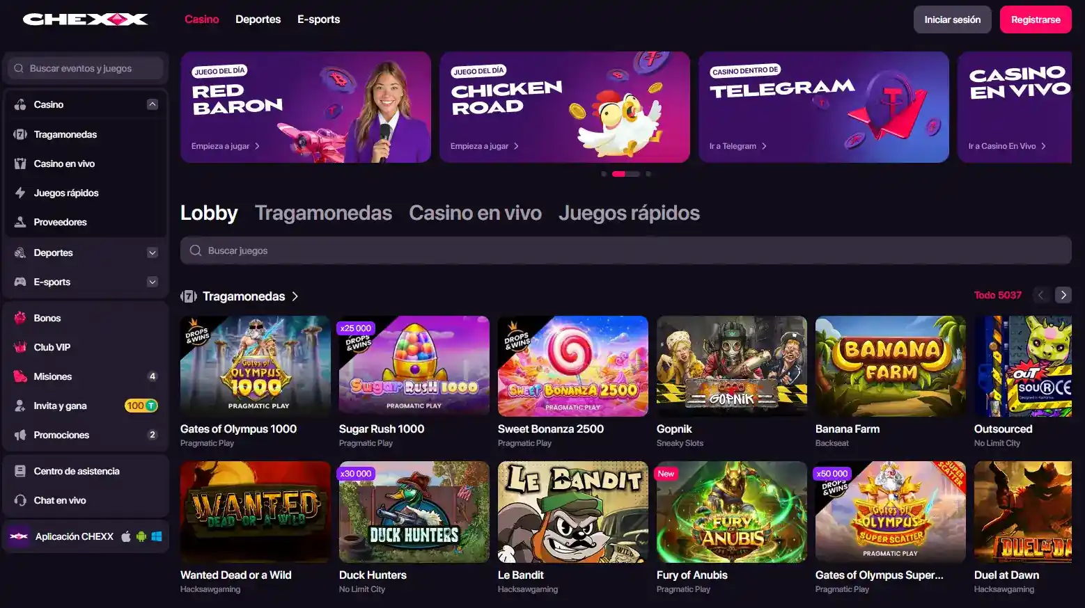 Lobby de juegos de CHEXX con categorías y proveedores