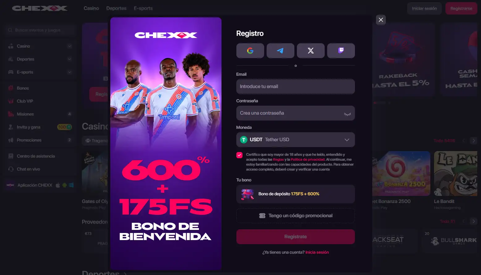Pantalla oficial de registro de CHEXX