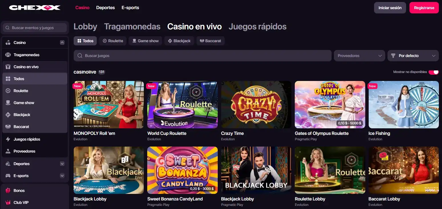 Sección Live Casino real de CHEXX con categorías de mesas visibles