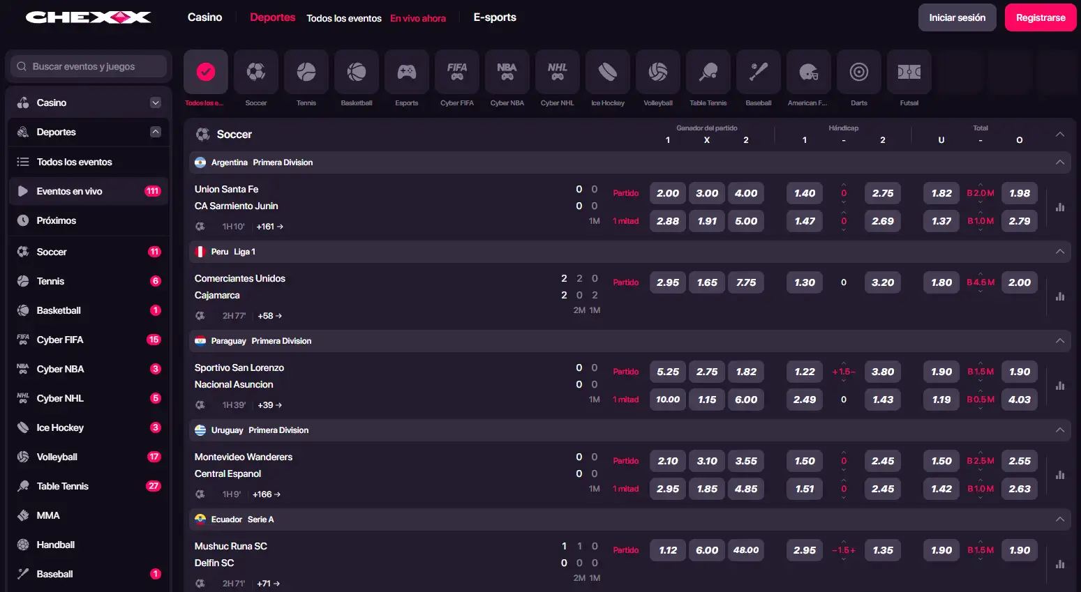 Sportsbook real de CHEXX con categorías deportivas visibles