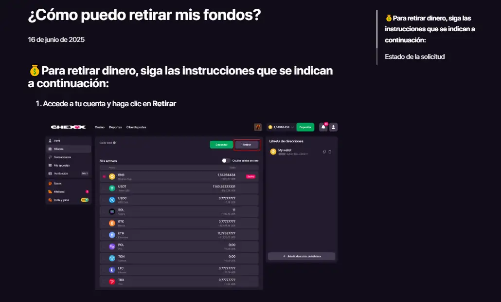 Artículo oficial de CHEXX sobre cómo retirar fondos